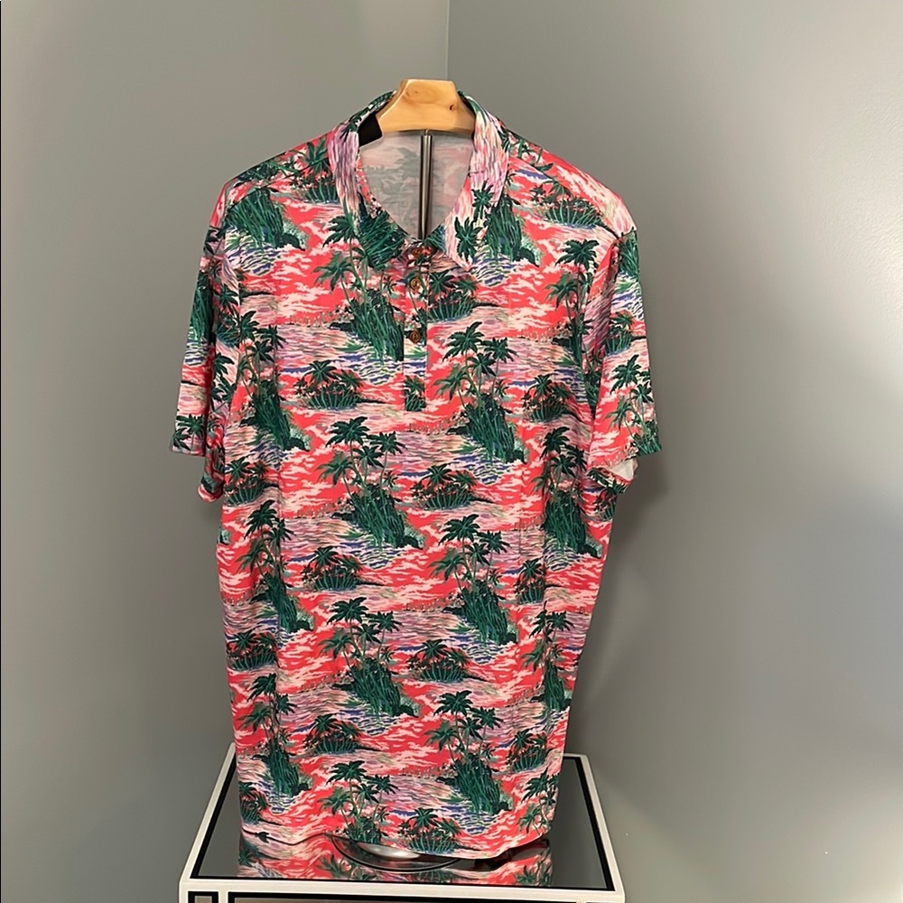 Vibrant Palm Print Hawaiian Men's Casual polo Shirt nwt XL